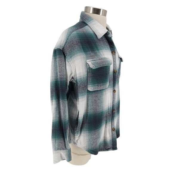 Hollister Boyfriend Flannel Shacket Green Plaid Long Sleeve Button Shirt Medium - Picture 2 of 6